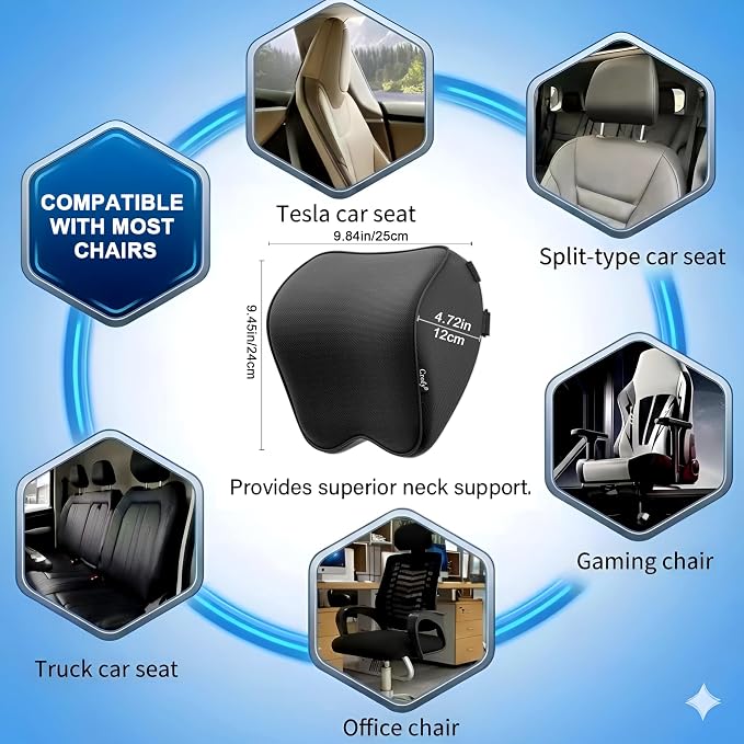 Crofy 2-Pack Car Neck Pillow, Headrest Pillow with Adjustable Strap, Black | Soft Memory Foam; Ergonomic Design Fits Most Car & Office Chairs; Breathable Removable Pillow Cover Is Machine Washable - Image 3