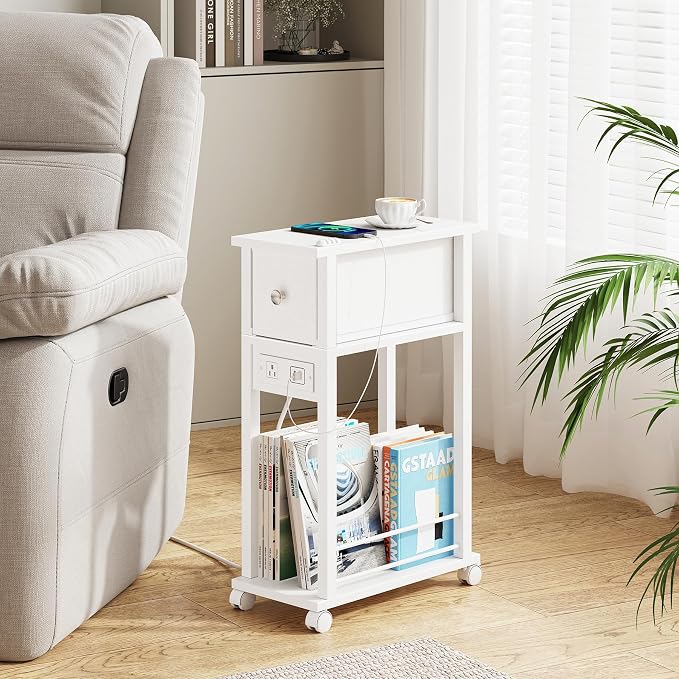 Slim Nightstand Set of 2, Narrow Side Table with Charging Station & Drawer - Image 2