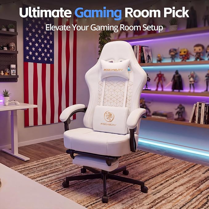 Desk Computer Gaming Chair - Ergonomic Game Office Chair with Extended Footrest and Massage Lumbar Support, Home Gamer Video Game Chairs with Spring Cushion for Adults (Pro White Leather) - Image 5