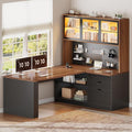 SEDETA L Shaped Computer Office Desk with 3 Wood Drawer and Large Bookshelf | L Shaped Corner Gaming Desk with LED Light, Display Cabinet and Pegboard, 27.5" W Large Desktop Table, Brown by SEDETA