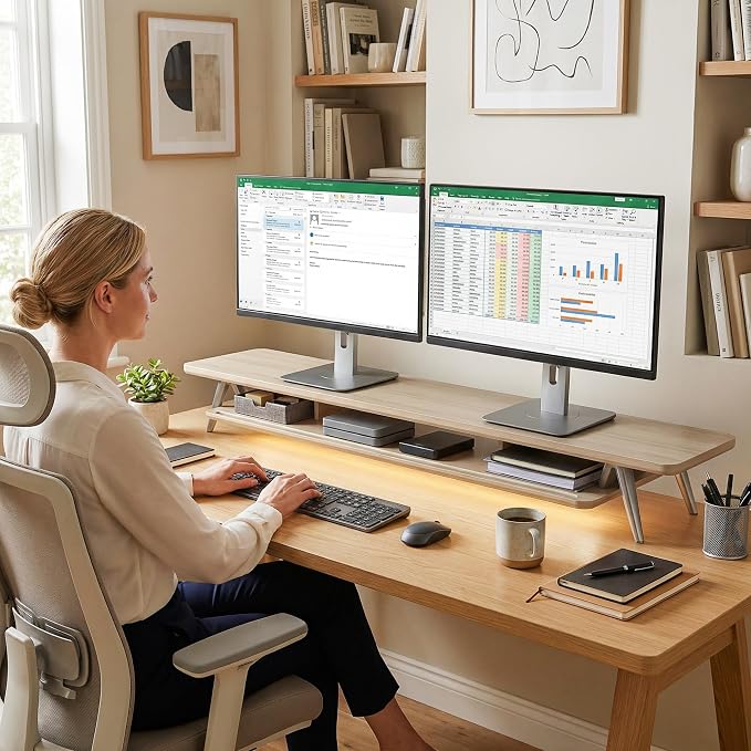 Fenge Dual Monitor Stand Riser, Wooden Desk Shelf with 2-Tier Storage | 47.2-Inch Extra Wide, Sturdy Aluminum Legs, Built-In Phone & Tablet Slot, Desktop Organizer for Office Accessories - Image 3