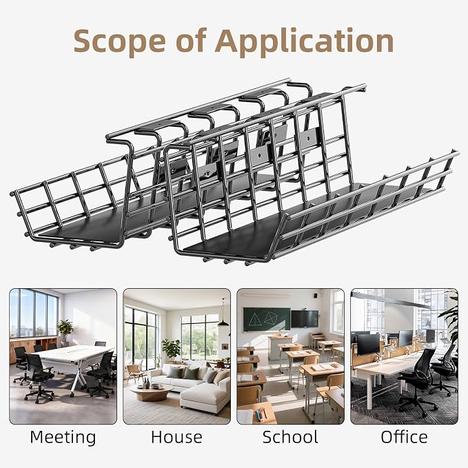 2 Pack DELAMU Under Desk Cable Management Tray, Large Metal Cord Organizer, Office & Home Cord Wire Management Under Desk Shelf, Easy Install Pre-drilled Cable Organizer, Black - Image 7