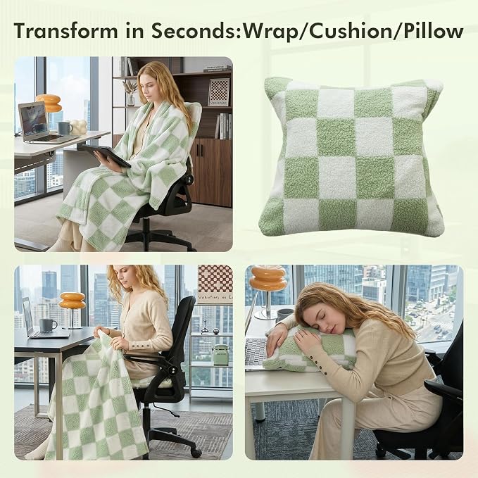 The Chair Blanket for Office,3-in-1(Chair Blanket/Seat Cushion/Pillow) Stay-in-Place Office Blankets for Women Work,Warm Smooth Velvet & Shed-Free,Size M-Green - Image 3