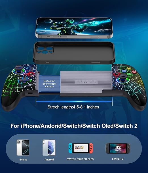 Mocagen Phone Controllers for iPhone/Android/Switch/Oled/Switch 2 - Hall Effect Joysticks & Triggers, Mobile Gaming Controller with 7 RGB Light, Macros, Turbo, Keylinker APP, Mac - Image 3