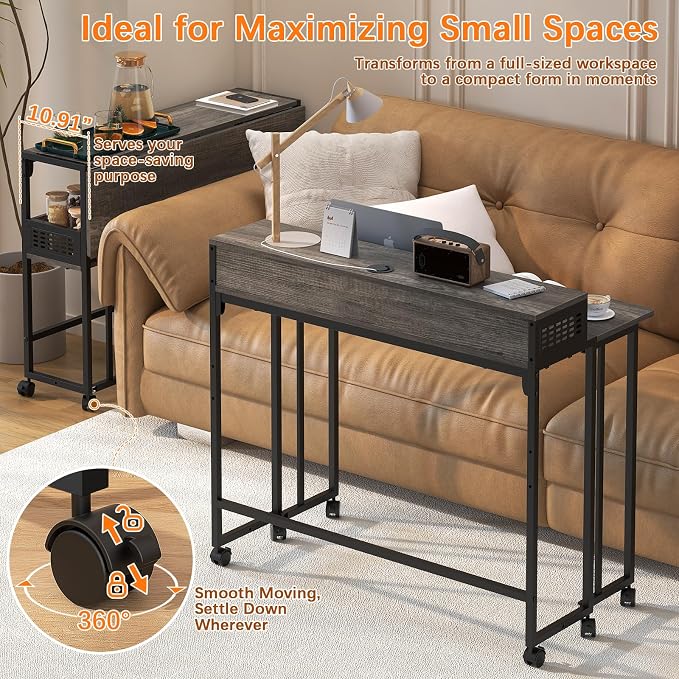 Gezen 31.5" Folding Desk with Storage Shelf, Small Rolling Desk, Dark Grey - Image 7