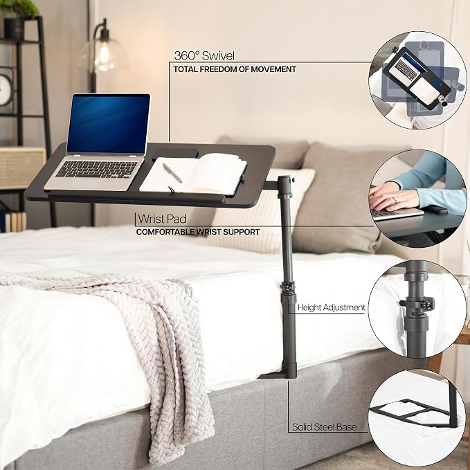 Height Adjustable Under Mattress 30 inch Bedside Desk, Works with Lofts and Beds Without Frames, Tilting Desktop, Fits Laptops, Books, and More, Black - Image 4