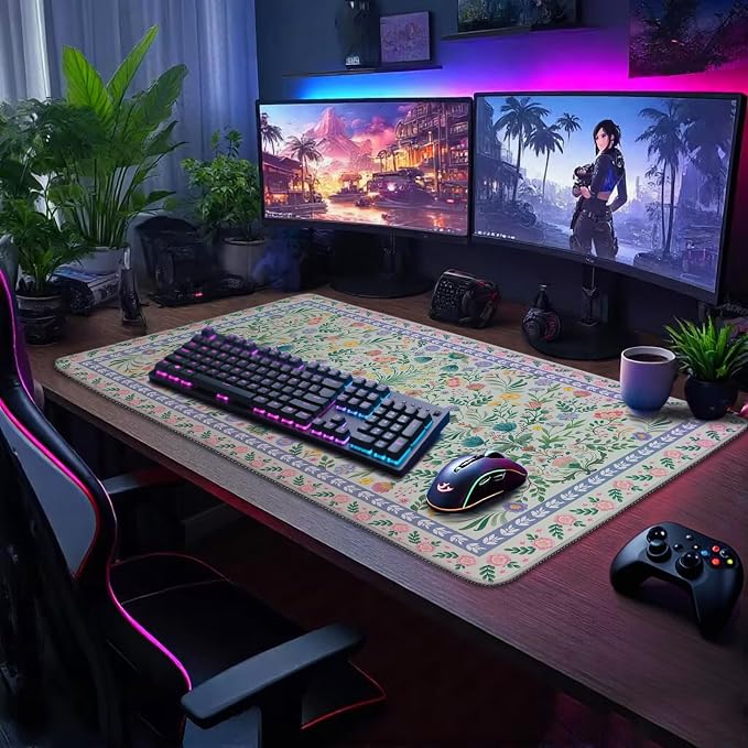 Green Floral Desk Mat Large Mouse Pad 31.5"x15.7" Non-Slip | Extended Mousepad, Non-Slip Rubber Base , Stitched Edges, for Computer/Laptop/Office/Home - Image 6