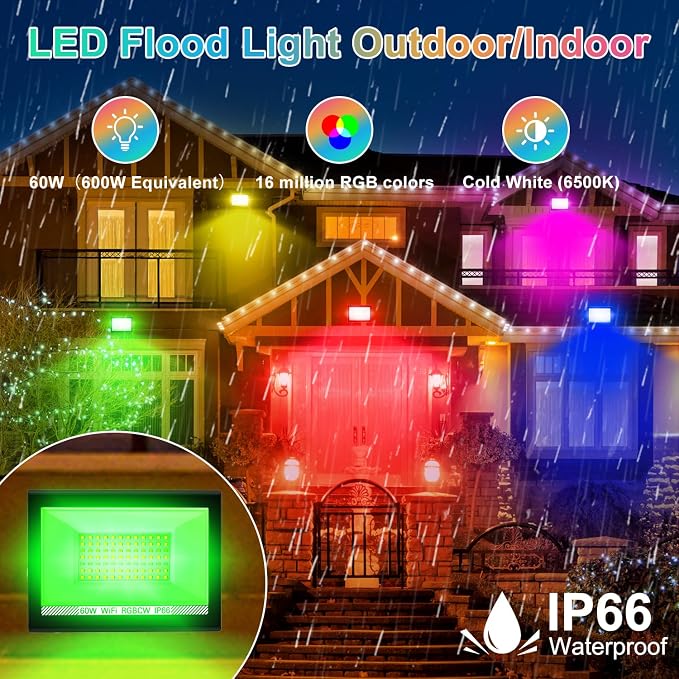 T-SUN RGB Led Flood Light 60W, 600W Equivalent Outdoor Landscape Light - Image 5