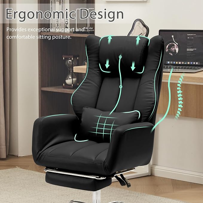 JOMEED Cross Legged Office Chair with Footrest,Flip Armrest,Black | Big and Tall Executive,Ergonomic Design with Lumbar Pillow, 155° Reclining, PU Leather Wide Desk Chair for Home and Office - Image 4