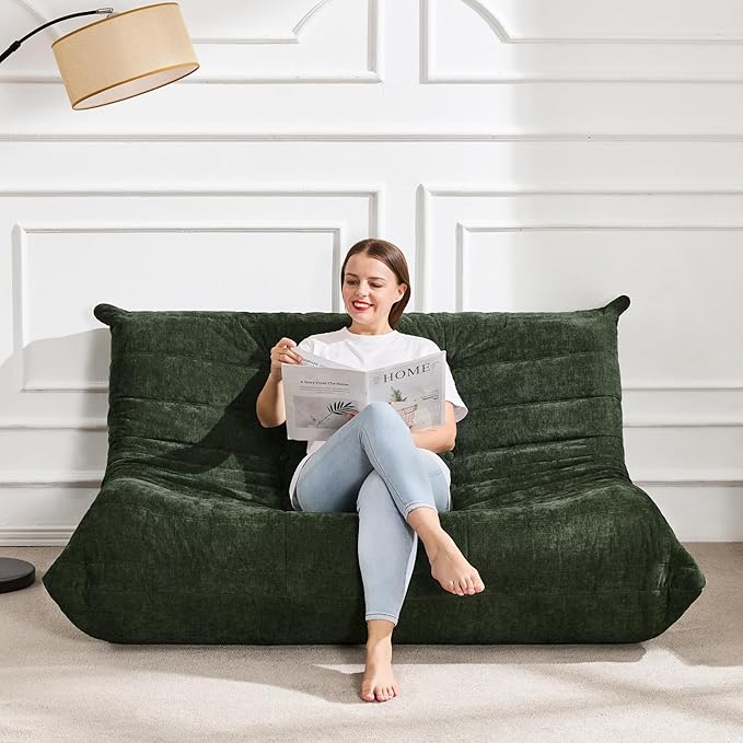 Hobestluk Large Bean Bag Chairs for Adults Fireside BeanBag Couch Togo Sofa | Ergonomic Design,Memory Foam,No Assembly,Faux Fur Fireside Lounge Floor Chair Back Support Office | Green Chenille Loveseat - Image 3