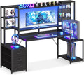 AODK 67 Inch Gaming Desk with Display Shelves, 3 Drawers, LED Lights, Hutch | Large Computer Desk with Pegboard & PC Shelf & Storage Shelves, Reversible Office Desk for Home, Carbon Fiber Black by AODK