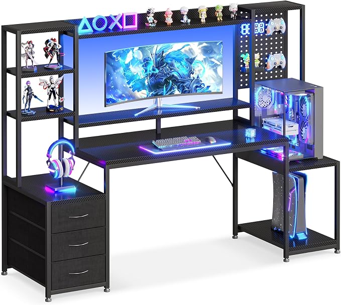 AODK 67 Inch Gaming Desk with Display Shelves, 3 Drawers, LED Lights, Hutch | Large Computer Desk with Pegboard & PC Shelf & Storage Shelves, Reversible Office Desk for Home, Carbon Fiber Black by AODK