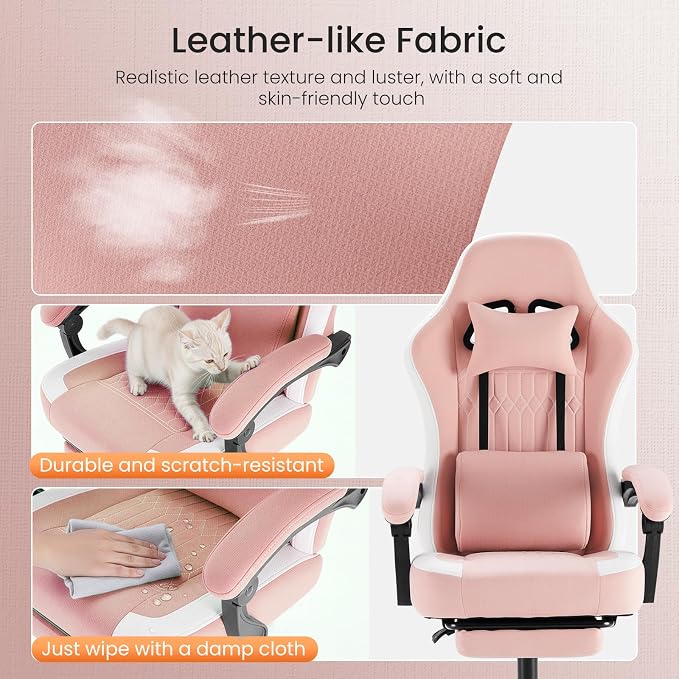 DUMOS Ergonomic Gaming Chair with Footrest, Video Game Chairs | Comfy Lumbar Support, Linkage Armrests, Tech Fabric, Pocket Spring Cushion, Office, Adults Students, Pink - Image 5