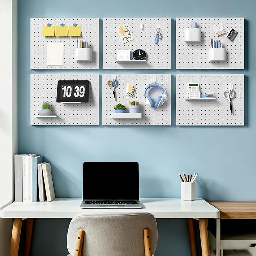 Pegboard Organizer 6 Pack 15.7'' x 11.8'' Metal Peg Board Wall Control Pegboard for Garage Gaming Room Entryway Kitchen Tool Storage, White - Image 5