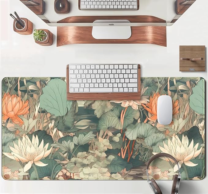 Light Emerald and Orange Floral Desk Mat, XXL Large Extended Mouse Pad Gaming Desk Pad, Aesthetic Asian Lotus Flower Big Laptop Keyboard and Mouse Mat for Women Desktop Office Decor 31.5x15.7 in - Image 4