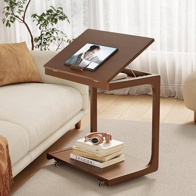 AQIMUELE Wooden C-Shaped End Table,Couch Table with Adjustable Desktop,Small Rolling Side Table with 2 Lockable Wheels 23.6" Width,Small End Table for Couch, Living Room,Bedroom (Walnut) by AQIMUELE