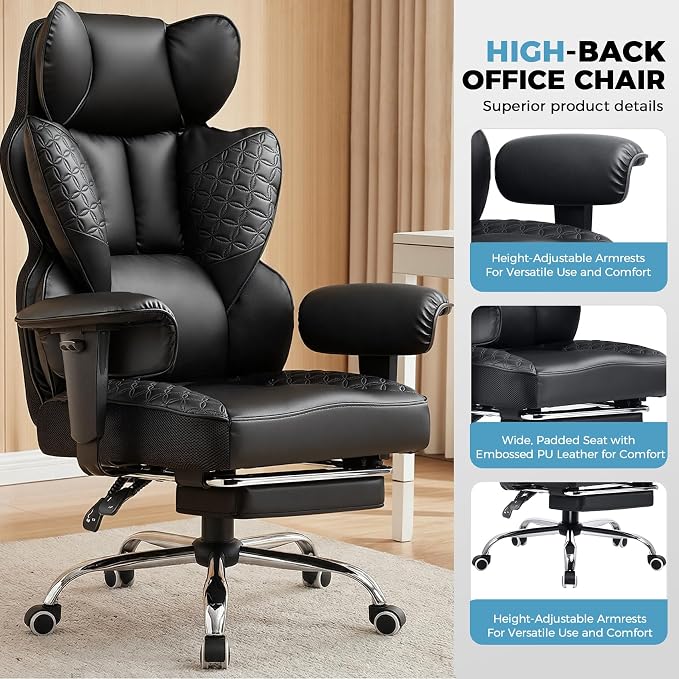 COMHOMA Big and Tall Office Chair Heavy Duty Wide Ergonomic Gaming Chair with Deluxe Embossing Designed Leather with Foot Rest,150°Reclining Adjustable Armrests Pocket Spring Back Support and Pillow - Image 9