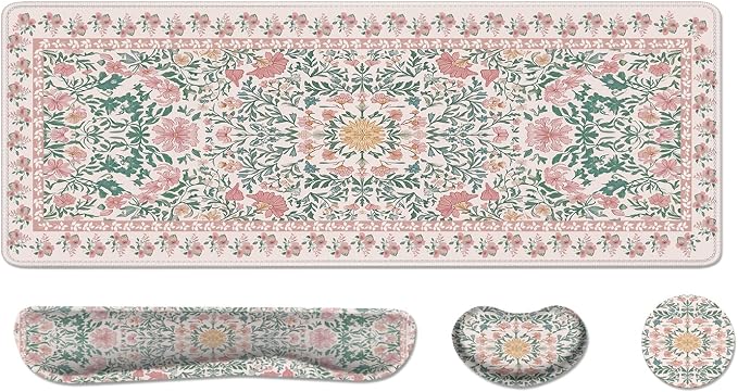Desk Pad and Keyboard Wrist Rest, Large Mouse Pad + Keyboard Pad+Mouse Wrist Support, Non-Slip Desk Mat Protector for Office, Home 31.5×11.8 Inches Pink Floral by AFUZLE