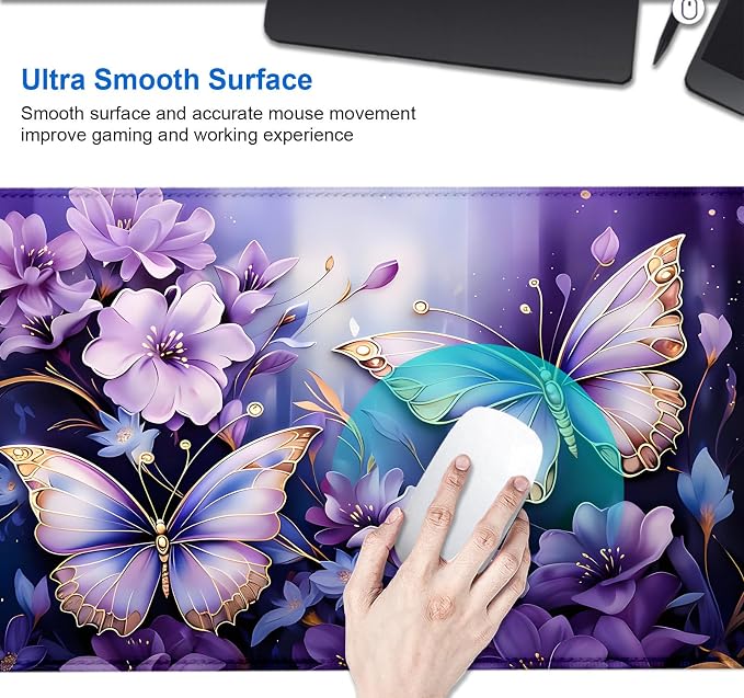 IMAYONDIA Gold Butterfly Desk Pad, Purple Flowers Large Mousepad, Floral Desk Mat, Modern Beutiful Extended Mouse Pads for Laptop, Computer Pad for Women Girls Office, 31.5x11.8 in - Image 4