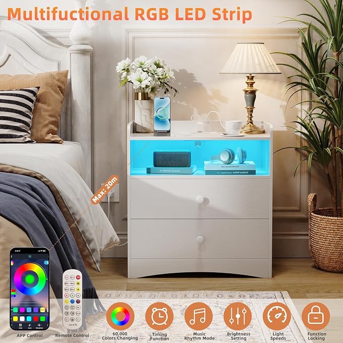Memobarco Nightstand with Charging Station and LED Light, White - Image 3
