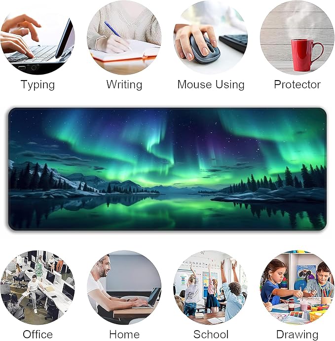 Green Aurora Desk Mat, XL 31.5"x11.8" Large Mouse Pad, Aesthetic Extended Gaming Mouse Mat,Non-Slip Rubber Base Waterproof with Stitched Edges for Gaming Office Home Decor - Image 6