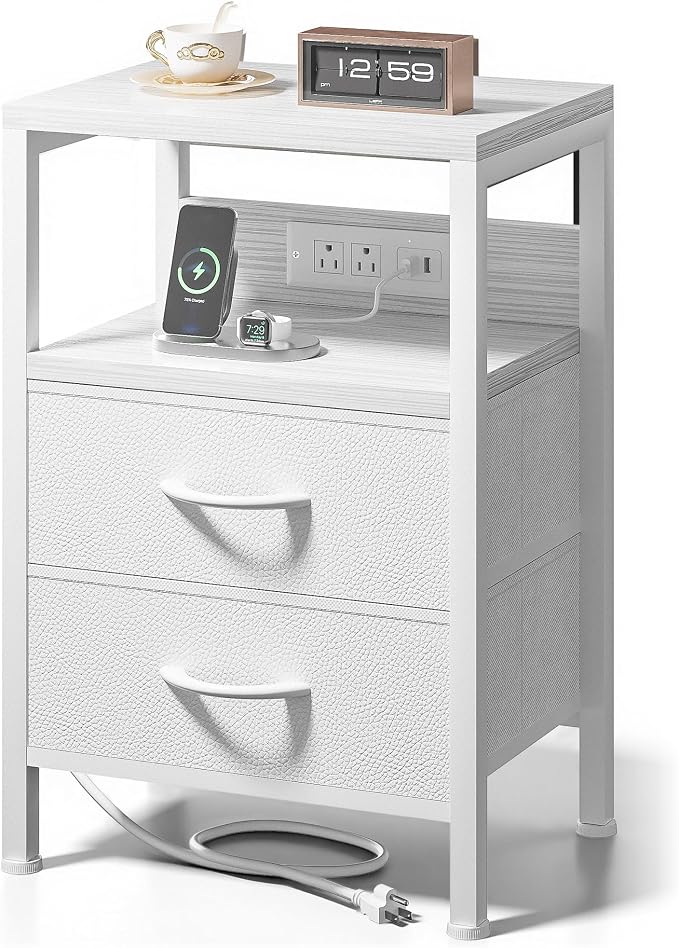 Lazzanto Night Stand with Charger Station for Bedroom, White Nightstand by Lazzanto