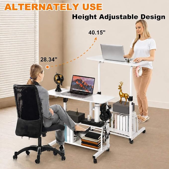 Adjustable Height Mobile Computer Desk,White Table for Home Office Bedroom - Image 4