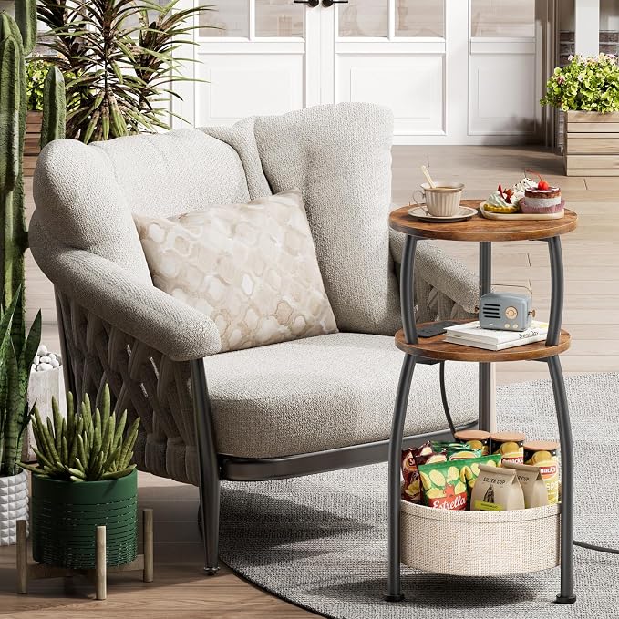 Side Table with Charging Station, Small Round End Table with Basket - Image 8