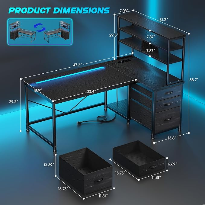 DurayLoly L Shaped Gaming Desk with 3 Fabric Drawers & Shelves for Storage - Image 3