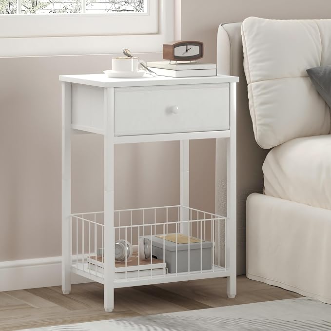 White Small nightstand, White Nightstand, Side Table for Small Spaces, 2 Tiers Storage Shelves End Table, Night Stand for Living Room, Bedroom, Dorm LNT0061W2 - Image 2