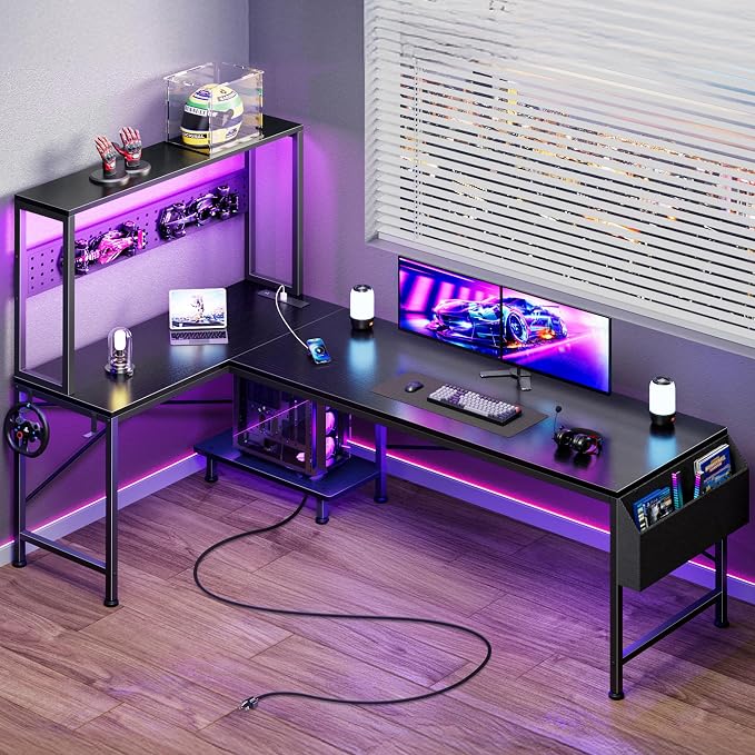 PRAISUN L Shaped Gaming Desk with LED Lights & Power Outlets | Reversible Computer Desk with Storage Shelves & Bag, Large Corner Home Office Desk with Pegboard for Work from Home, Black by PRAISUN