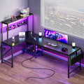 PRAISUN L Shaped Gaming Desk with LED Lights & Power Outlets | Reversible Computer Desk with Storage Shelves & Bag, Large Corner Home Office Desk with Pegboard for Work from Home, Black by PRAISUN