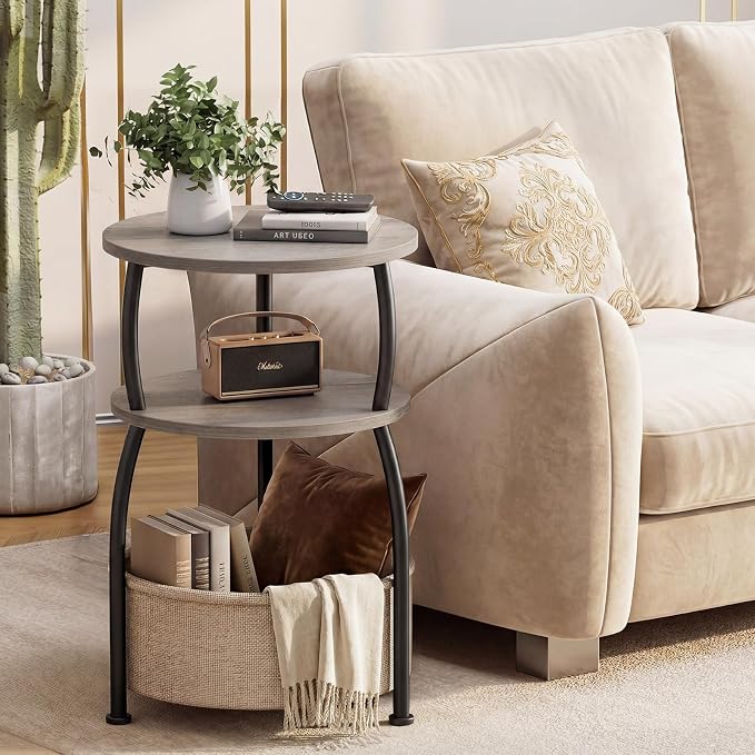 Round Side Table with Storage Basket, End Table Living Room, Greige - Image 2