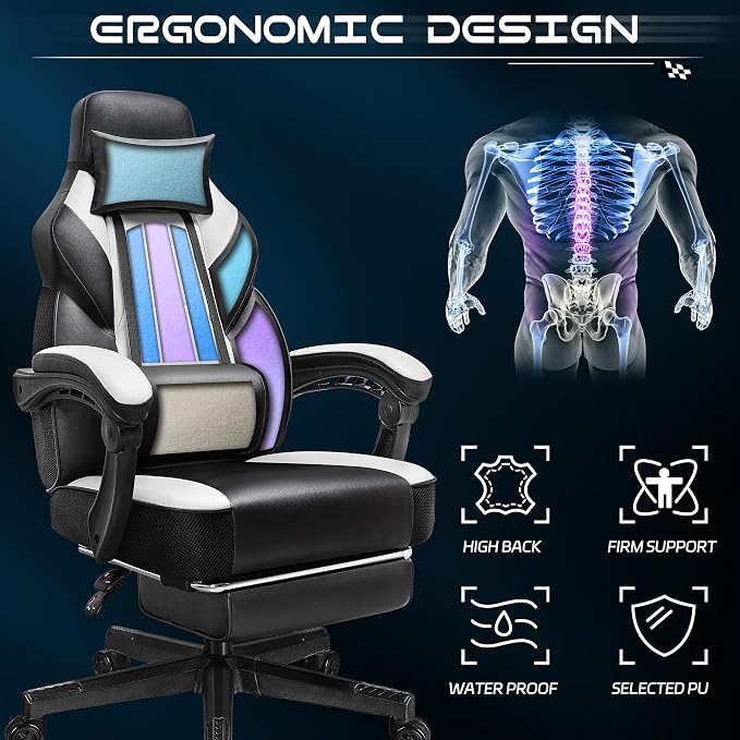 Big and Tall Gaming Chair for Adults, Heavy Duty Computer Chair with Footrest, Video Game Chair, Massage Lumbar Support, Wide Seat High Back Reclining Desk Chair, White - Image 5