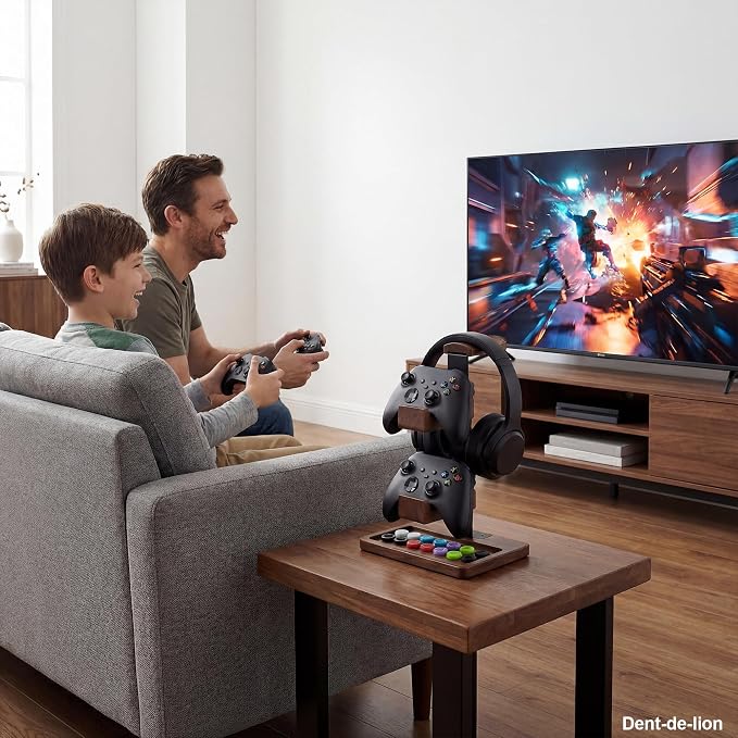 2-in-1 Solid Wood Headset Stand with Dual Game Controller Holder | Gaming Headphone Stand with Storage Base, 6 Joystick Sponge Rings and 8 Thumb Grips Gaming Equipment Accessories for Desk - Image 8
