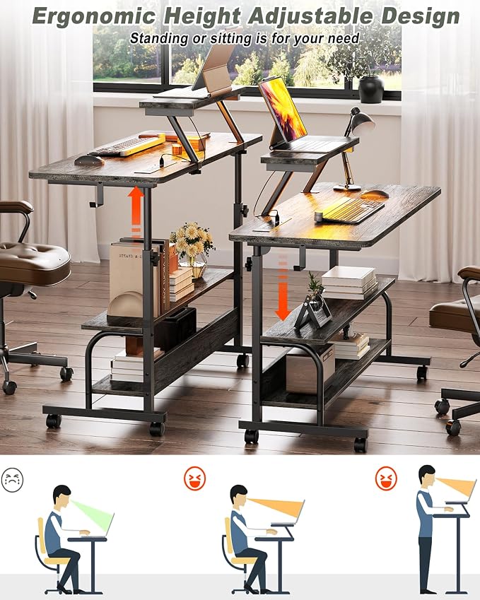 Height Adjustable Standing Desk with Power Outlets and LED Lights - 39" Manual Stand Up Desk with Monitor Stand and Storage Shelves Small Mobile Rolling Computer Desk Portable Laptop Table, Grey Oak - Image 4