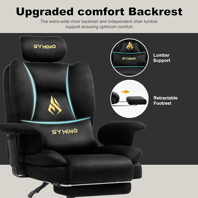 Symino Gaming Chair with Footrest, Up/Down Armrests, Suede Fabric Ergonomic Office Chair, 150° Recline Computer Chair for Desk, Black - Image 5