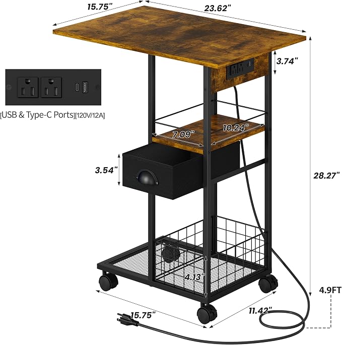 Rolling C-Shaped Side Table with Charging Station, Night Stand with Type-C & USB Port and Outlet for Bedroom, Spacious Coffee Table with Wheels for Living Room, Home Office, Small Space(Large Desktop) - Image 3