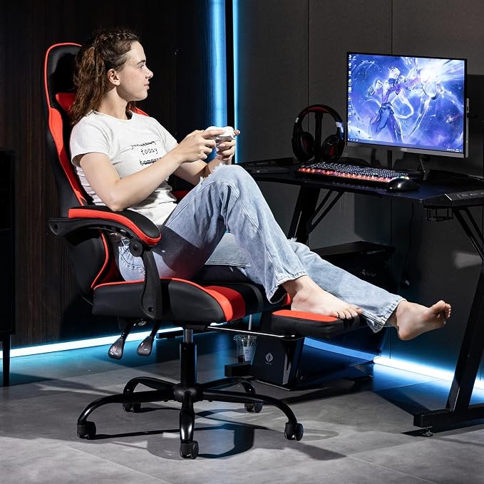 Gaming Chair with Footrest for Adults, PU Leather Massage Racing Video Game Chair w/Lumbar Support for Men Women, Ergonomic Computer Gamer Chair for Home Office, Height Adjustable, Red - Image 2