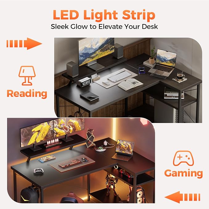 Mericonia 48 in Corner Desk with Monitor Stand, Small L Shaped Gaming Desk | Reversible Computer Desk with Power Outlets, LED Light & Storage Shelves, Office Table for Home Bedroom Study Work Writing - Image 8