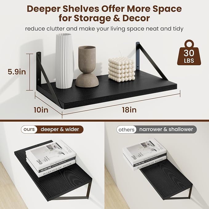 Axeman Deep Floating Shelves, 18'' x 10'' Black Wall Shelves Set of 2 - Image 3