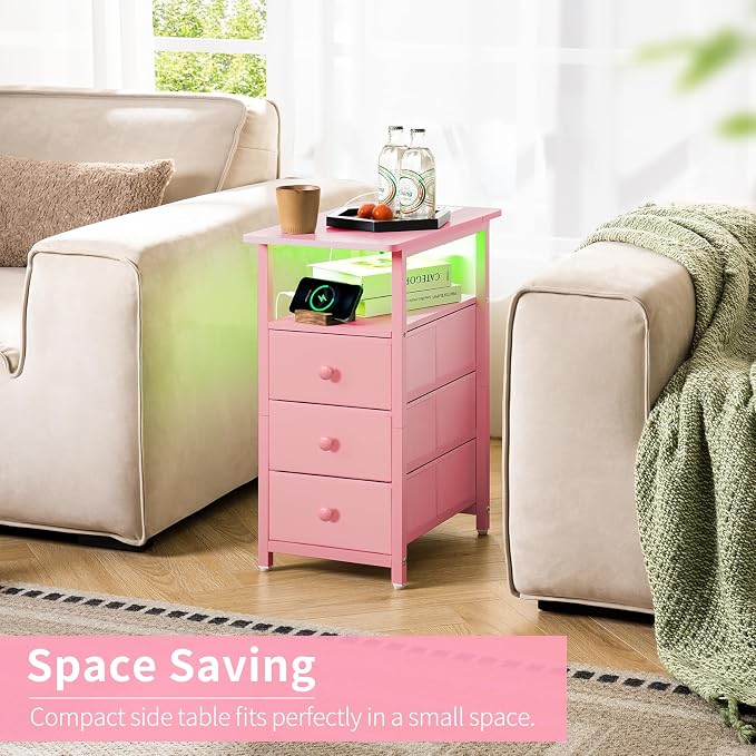 Yoobure End Table with Charging Station, Pink Narrow Nightstand LED Bedside Table, Small Night Stand End Tables Living Room, Skinny Nightstand with 3 Fabric Drawers, Side Table for Small Spaces - Image 3