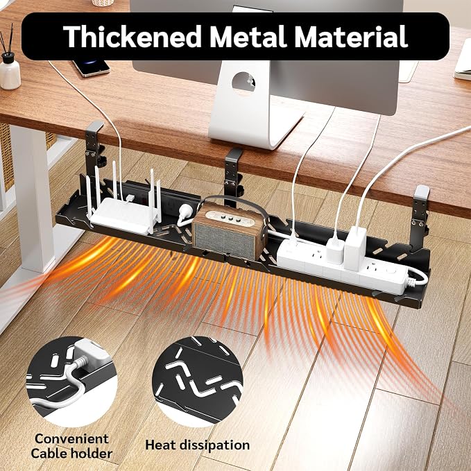 Extended Metal Under Desk Cable Management Tray with Power Outlet - Image 3