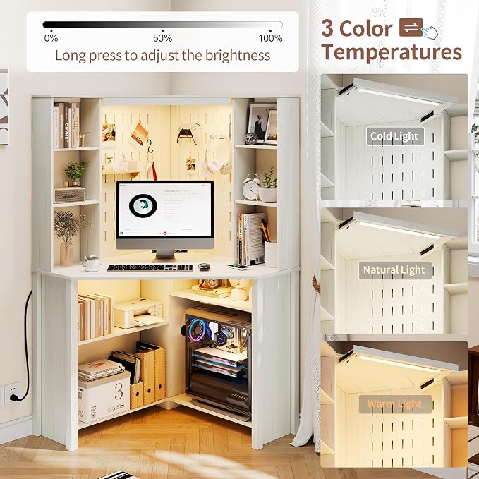HNEBC Home Office Desk with Power Outlet & Chariging Station,L-Shaped Corner Desk with Pull-Out LED Lights,Computer Desk with Hutch & 10 Shelves,Pegboards for Work & Study,White - Image 5