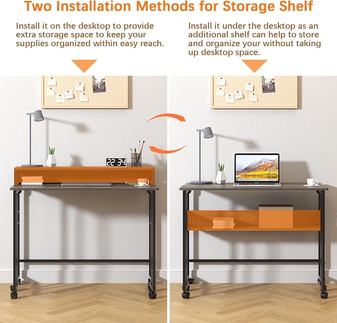 Gezen 31.5" Folding Desk with Storage Shelf, Small Rolling Desk, Dark Grey - Image 4
