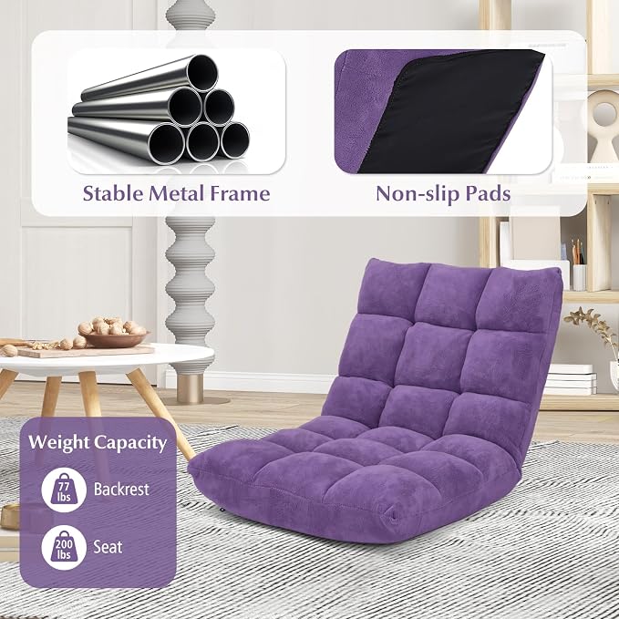 14-Position Lazy Sofa Chair with Back Support, Soft Coral Fleece, Recliner for Gaming, Reading, Meditating, Yoga (Violet) - Image 5