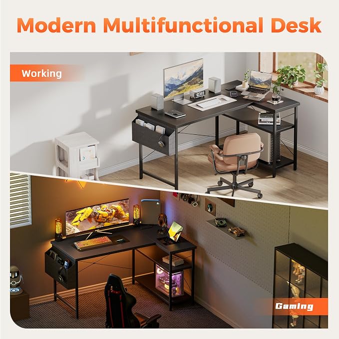 Mericonia 47 inch Corner Desk with Shelves, Small L Shaped Gaming Desk | Reversible Computer Desk with Power Outlets & Storage Bag, Office Table for Home Bedroom Study Work Writing - Image 9