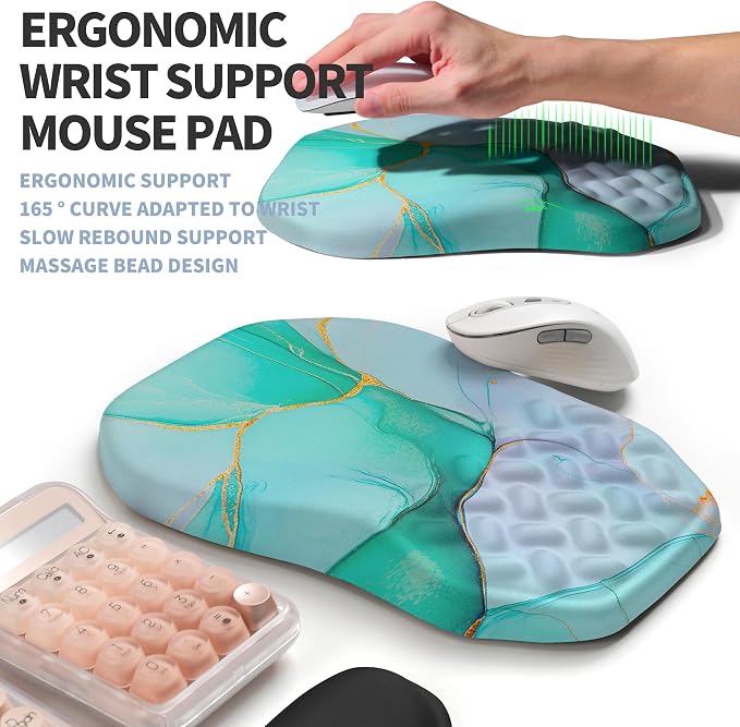 2-in-1 Ergonomic Set, Wave Keyboard Wrist Rest and Massage Slope Mouse Pad Wrist Support, Rebound Memory Foam for Relieve Carpal Tunnel Syndrome and Wrist Pain (Green Gold Marble) - Image 3