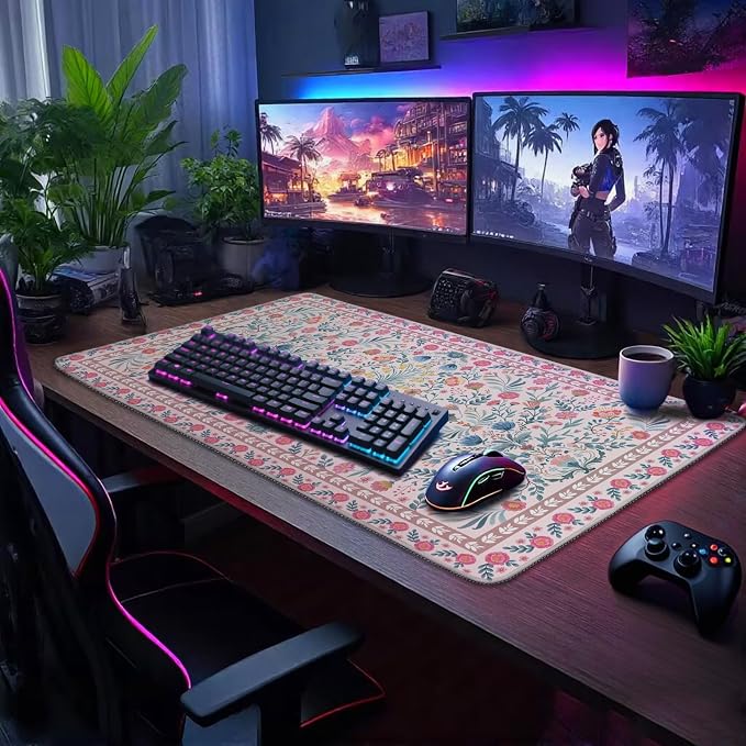 Large Gaming Mouse Pad Desk Mat 31.5"x15.7" Pink Floral | Extended Mousepad, Non-Slip Rubber Base , Stitched Edges, for Computer/Laptop/Office/Home - Image 3