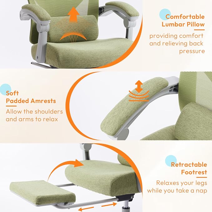 Home Office Desk Chair, Comfortable Mesh Chair with Foot Rest, Green | Reclining Gaming Chair with Headrest and Lumbar Support, 90°-130° Reclining, Silent Swivel - Image 6